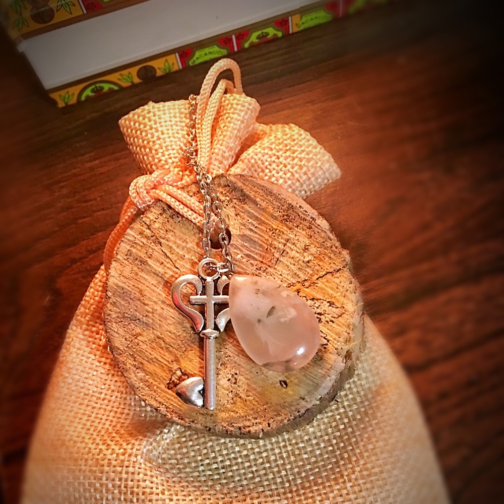Quartz teardrop and skeleton key necklace